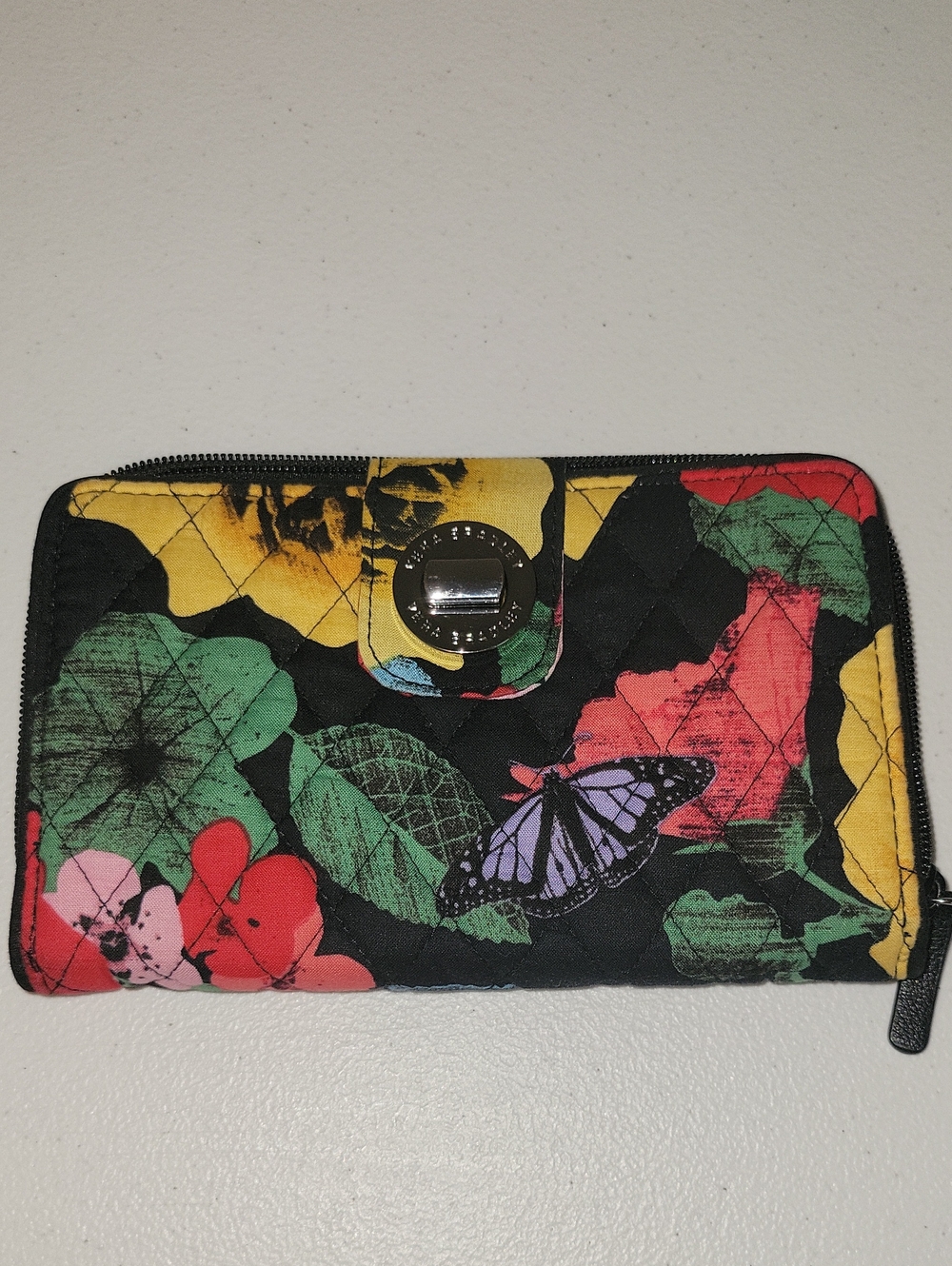 Vera Bradley Black Multi Floral & Butterfly Quilted Zip Wallet
